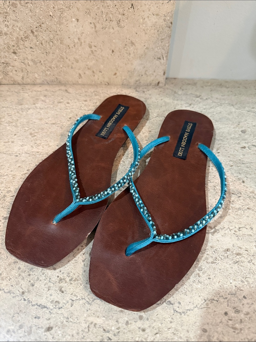 Steve Madden Brown Leather Sandal with Turquoise Beaded Straps